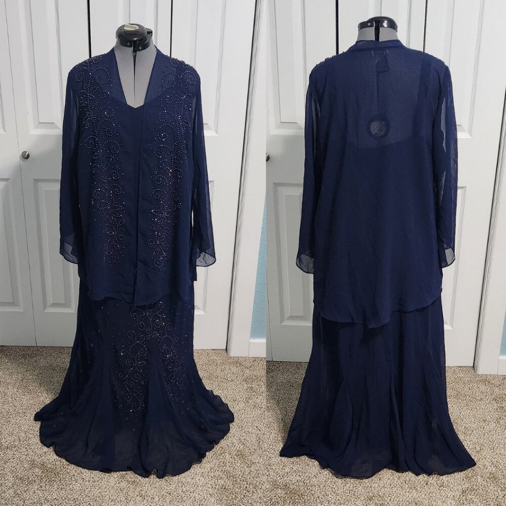 SOLDCatherines Masquerade Beaded Dress Set With Jacket Size 20W EUC Mariner Navy